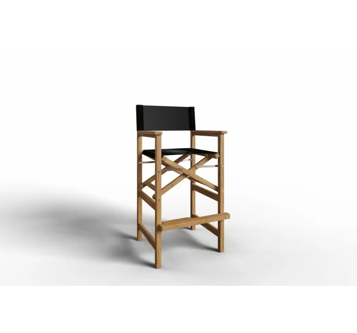 Hi Teak Furniture Directeur Teak Outdoor Bar Height Stool with Black Dura Sling Back and Seat - Angled