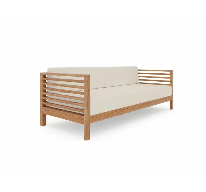 Hi Teak Furniture Sylvie 3 Person Teak Outdoor Sofa with Sunbrella Canvas Cushions - Angled View