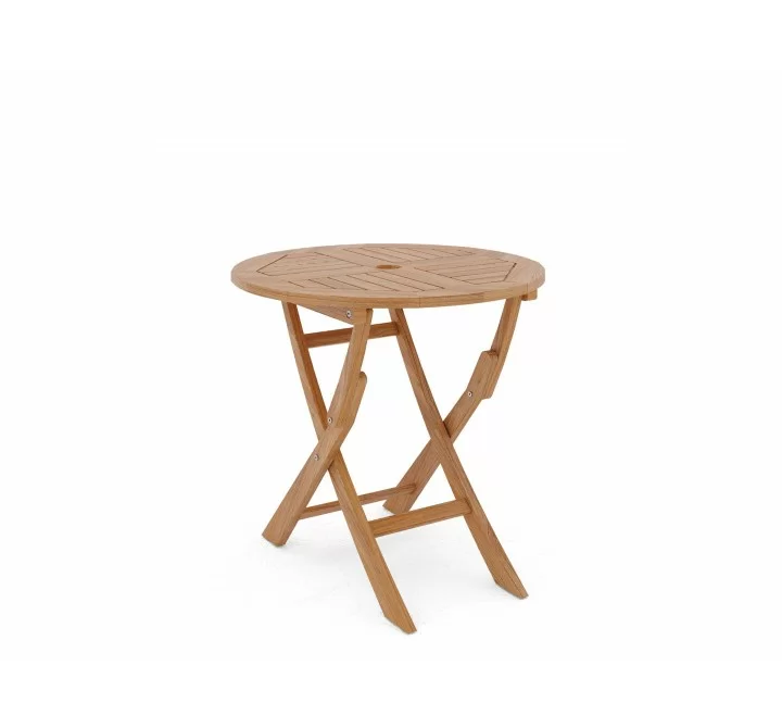 Hi Teak Furniture Lydie Round Teak Folding Outdoor Dining Table with Umbrella Hole - Angled