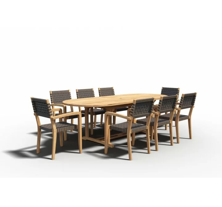 Hi Teak Furniture Amelie Oval Teak Outdoor Dining Table with Built-In Extension - With Dining Set