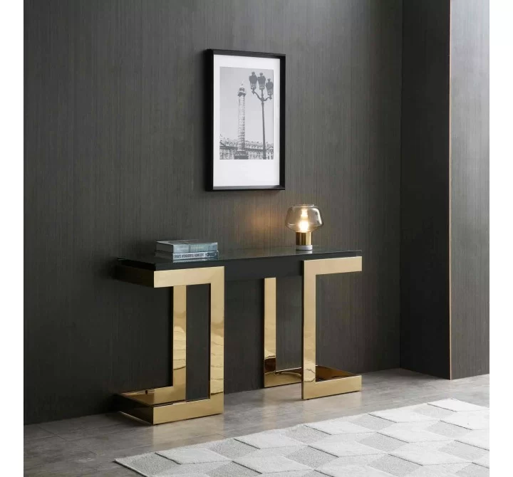Whiteline Modern Living Sumo Console With 10mm Glass Top In Black And Polished Gold Stainless Base - Lifestyle