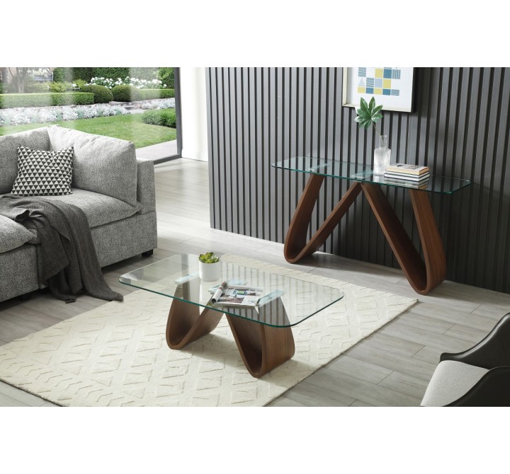 Whiteline Modern Living Emory Console With 10mm Clear Tempered Glass Top And Walnut Veneer Base - Lifestyle