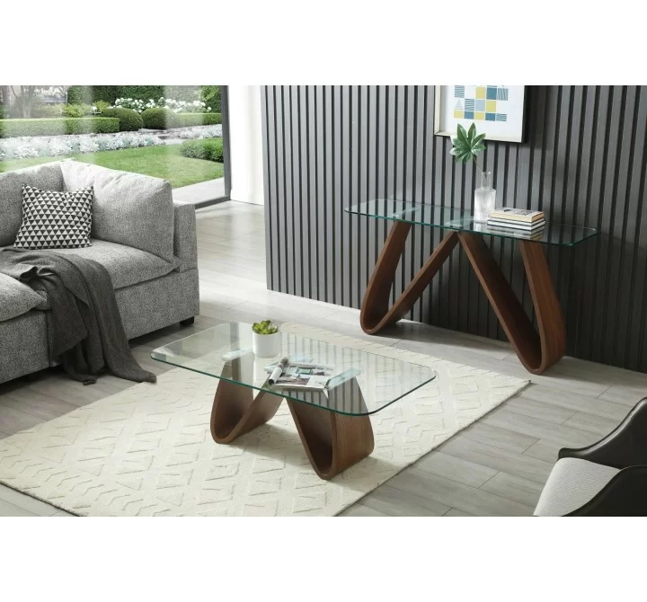 Whiteline Modern Living Emory Console With 10mm Clear Tempered Glass Top And Walnut Veneer Base - Lifestyle