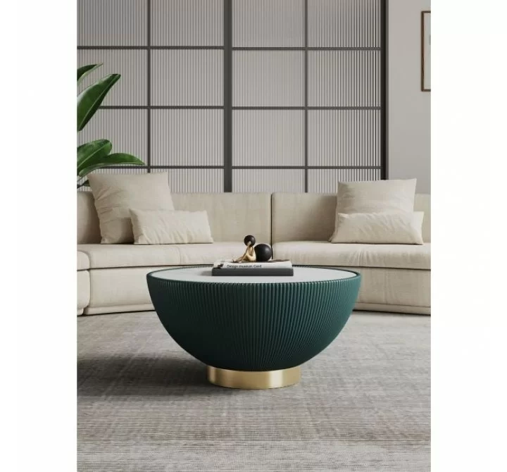 Manhattan Comfort Modern Anderson Coffee Table Upholstered in Leatherette with Ceramic Faux Marble Tabletop Green