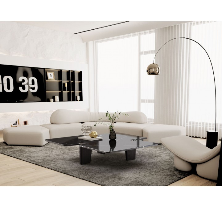 Whiteline Modern Living Amora Coffee Table In Top In Black Marble with Brushed Stainless-Steel Caps - Lifestyle