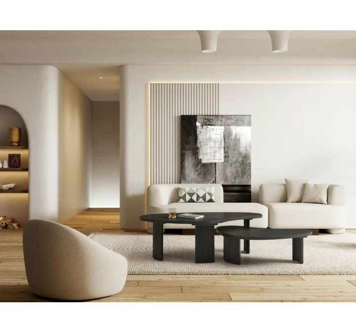 Whiteline Modern Living Pam Coffee Table In Black Oak Top and Wood Ribbed Black Matt Base - Lifestyle