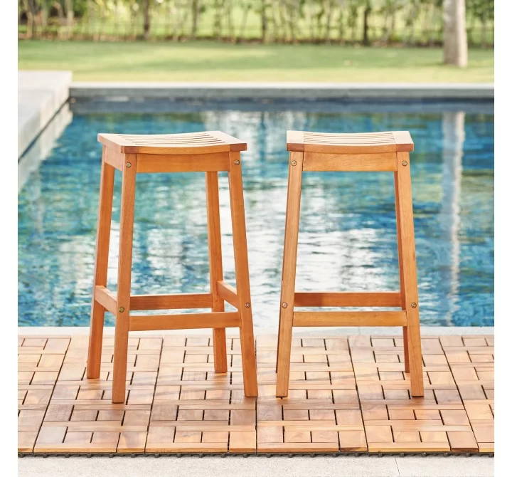 Vifah Olina Honey Eucalyptus Wooden Outdoor Dining Stool (2pcs), Front Angle