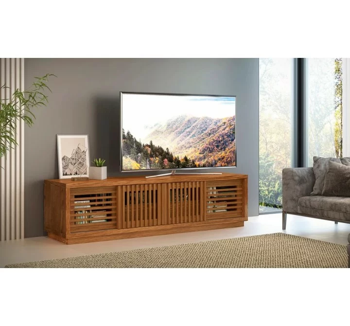Furnitech 82" Contemporary Rustic TV Stand Media Console for Flat Screen and Audio Video Installations in American Red Oak with a Matte Honey Finish - Lifestyle