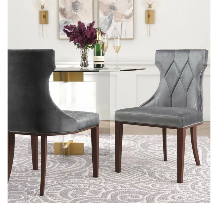 Manhattan Comfort Reine Grey and Walnut Velvet Dining Chair (Set of Two)
