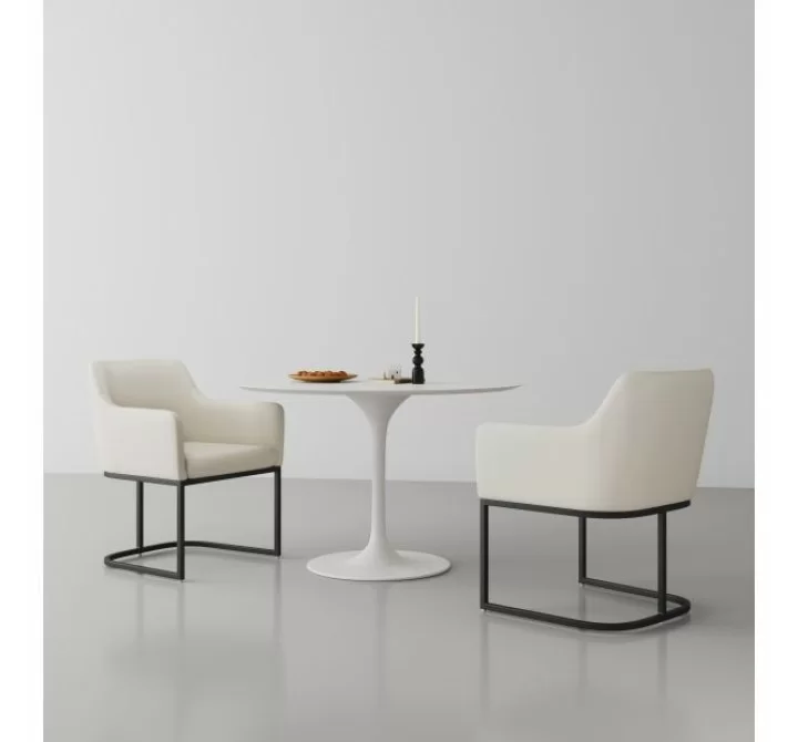Manhattan Comfort Modern Serena Dining Armchair Upholstered in Leatherette with Steel Legs - Set of 2 Cream