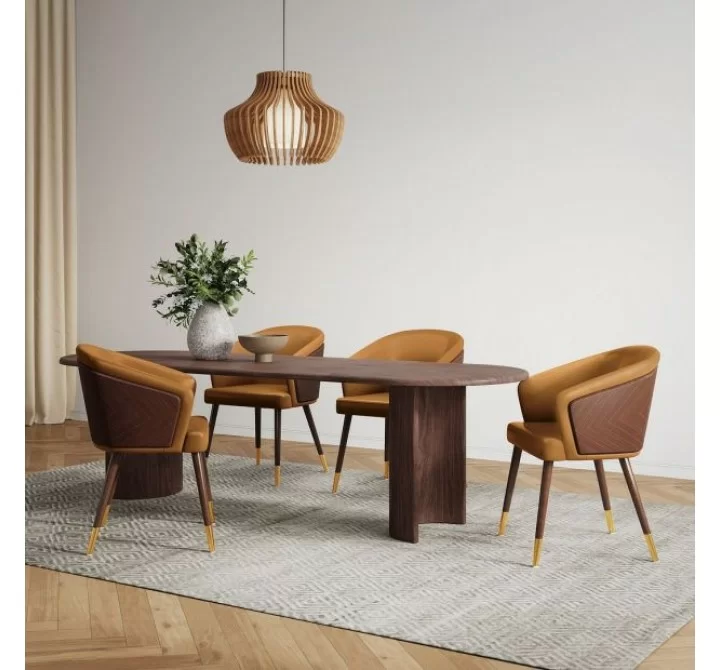 Manhattan Comfort Modern Reeva Dining Chair Upholstered in Leatherette with Beech Wood Back and Solid Wood Legs in Walnut Camal