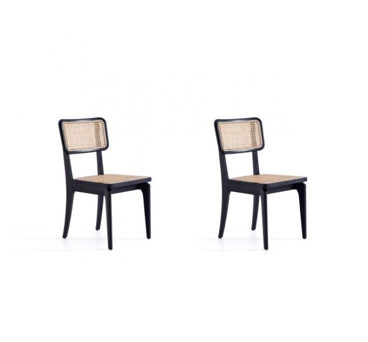 Manhattan Comfort Giverny Dining Chair in Black and Natural Cane - Set of 2