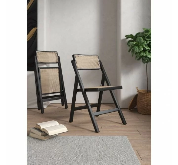 Manhattan Comfort Pullman Folding Dining Chair in Black and Natural Cane - Set