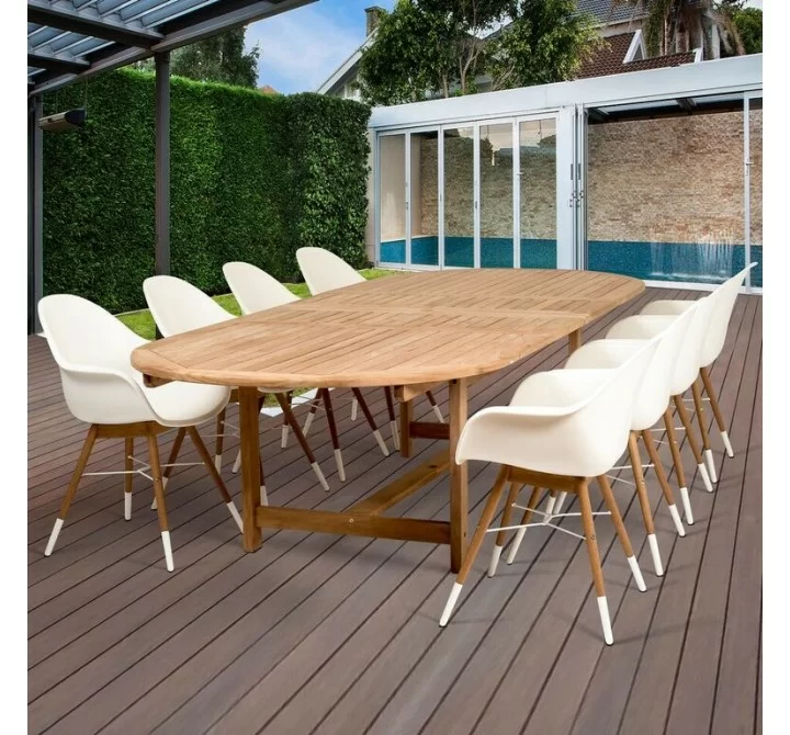  Amazonia Charlotte 9 Piece Teak Double Extendable Rectangular Patio Dining Set - Lifestyle