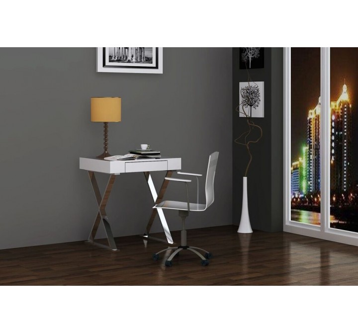 Elm Desk Small In High Gloss White With Two Drawers And Stainless Steel Base