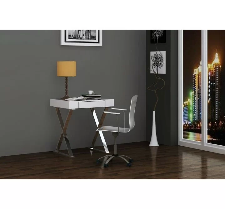 Elm Desk Small In High Gloss White With Two Drawers And Stainless Steel Base