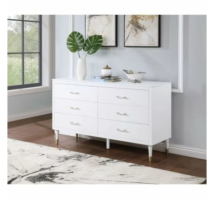 Manhattan Comfort Stanton Modern Dresser with 6 Full Extension Drawers and Solid Wood Legs in White
