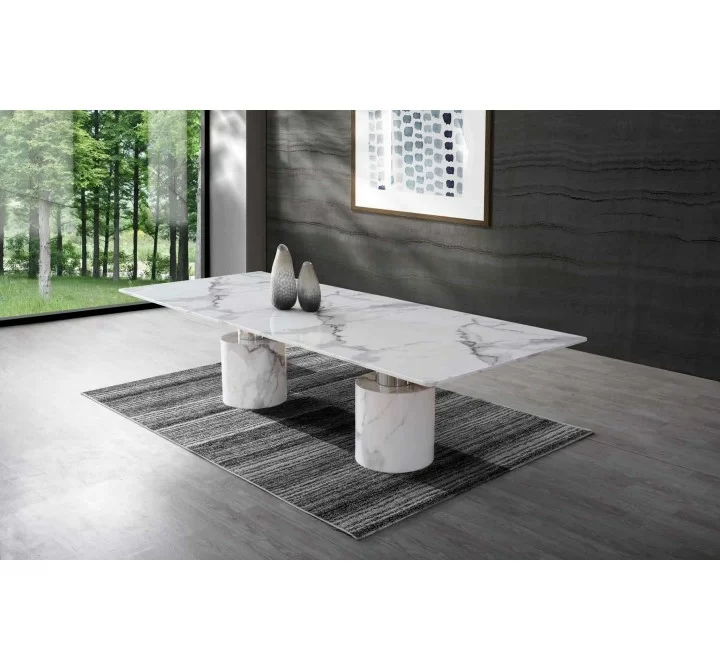 Whiteline Modern Living Geneva Dining Table In White Marble Glossy Top - Lifestyle