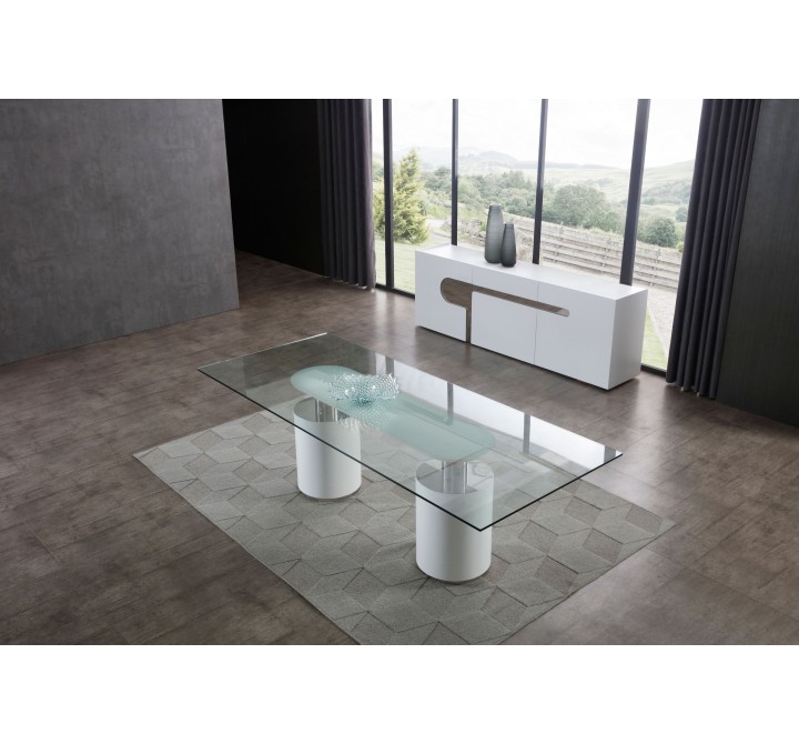 Whiteline Modern Living Mandarin Dining Table With Polished Stainless Steel Connector in Matt White Bases - Lifestyle