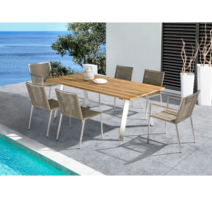 Whiteline Modern Living Rhea Outdoor Dining Table in Recycling Teak Wood Slats Top And Brushed Stainless Steel Legs - Lifestyle