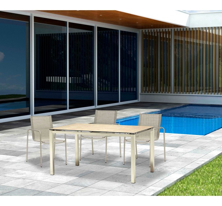 Whiteline Modern Living Paola Outdoor Dining Table In Glass with Ceramic Top And Brushed Stainless Steel Base - Lifestyle