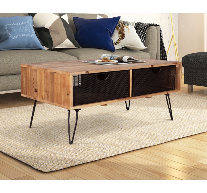 Crawford and Burke Ophelia Reclaimed Wood 42" Foldable Coffee Table with Wire Mesh Drawers, Lifestyle