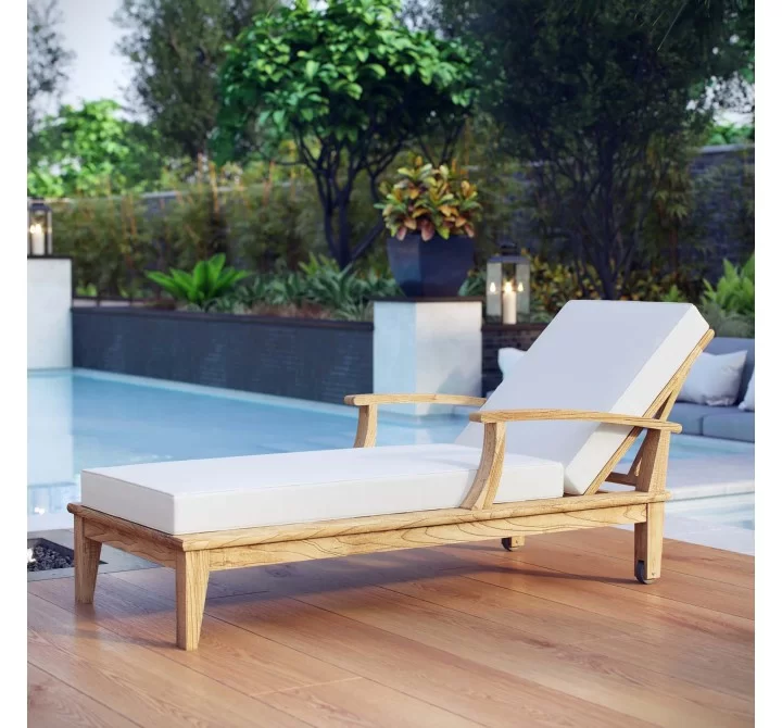 Modway Marina Outdoor Patio Teak Single Chaise in Natural White - Lifestyle