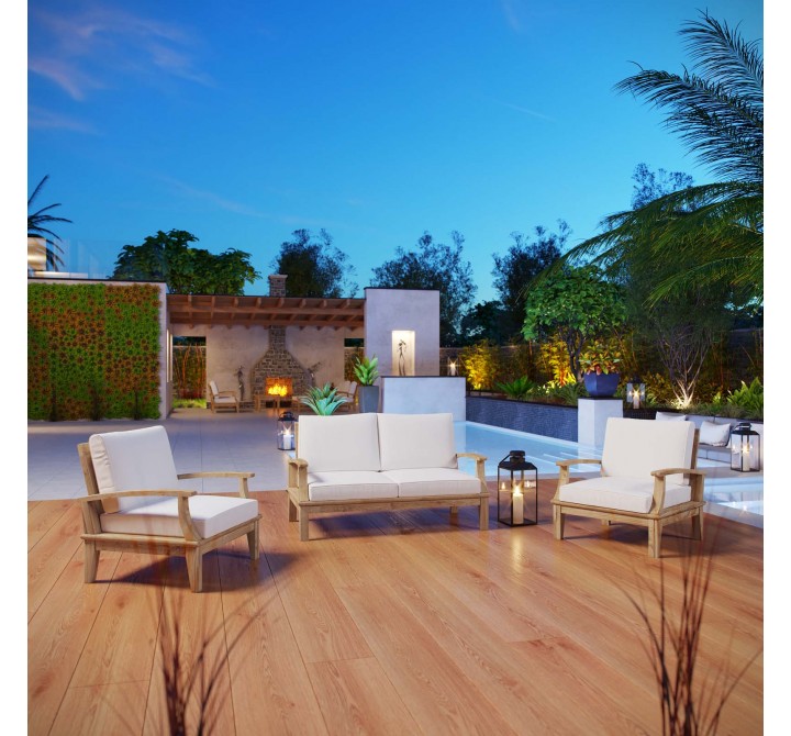 Modway Marina 3 Piece Outdoor Patio Teak Set - Natural White - Lifestyle