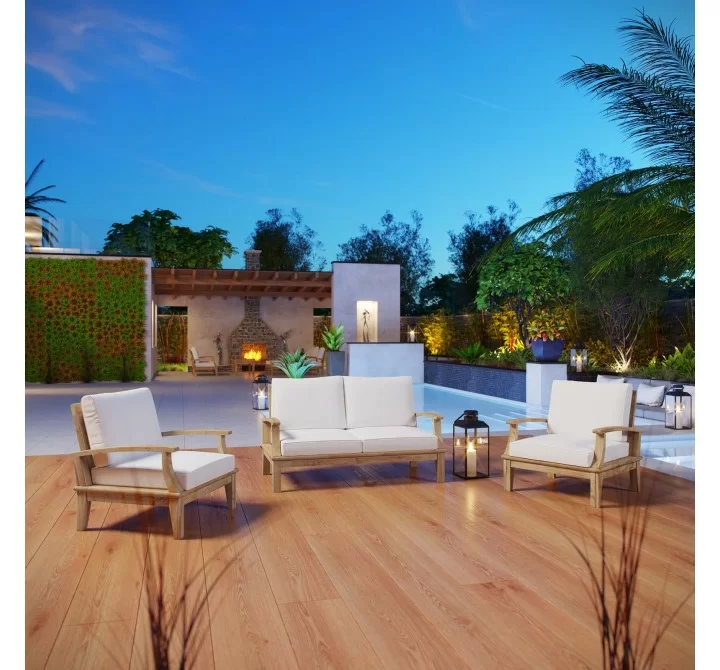 Modway Marina 3 Piece Outdoor Patio Teak Set - Natural White - Lifestyle