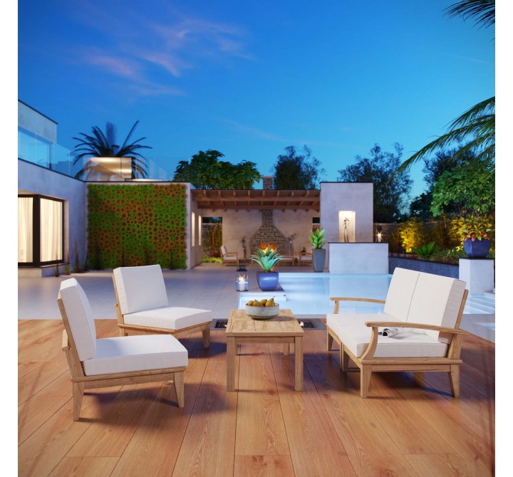 Modway Marina 5 Piece Outdoor Patio Teak Set - Natural White - Lifestyle