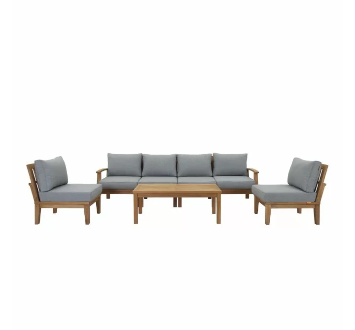 Modway Marina 7 Piece Outdoor Patio Teak Set - Natural Gray - Set in Front Angle