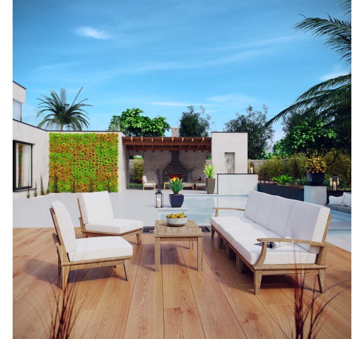 Modway Marina 7 Piece Outdoor Patio Teak Set in Natural White - Lifestyle