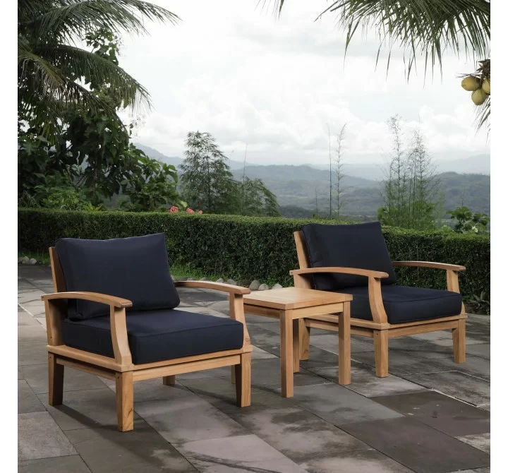 Modway Marina 3 Piece Outdoor Patio Teak Set - Natural Navy - Lifestyle