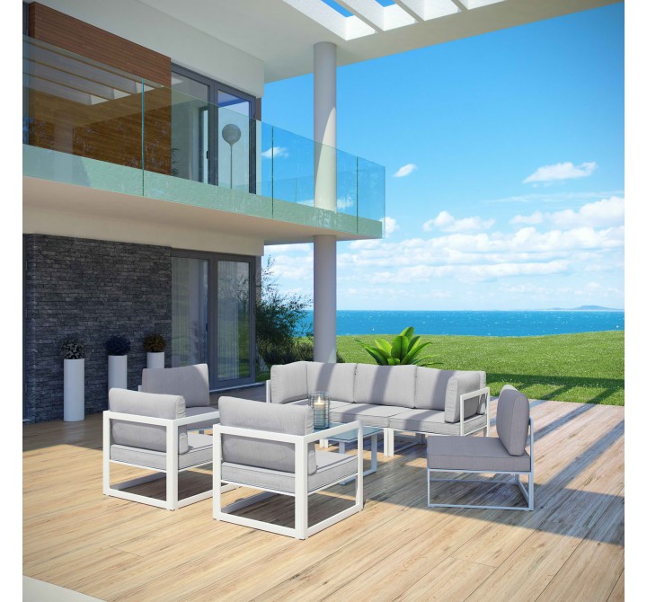 Modway Fortuna 8 Piece Outdoor Patio Sectional Sofa Set - White Gray - Lifestyle