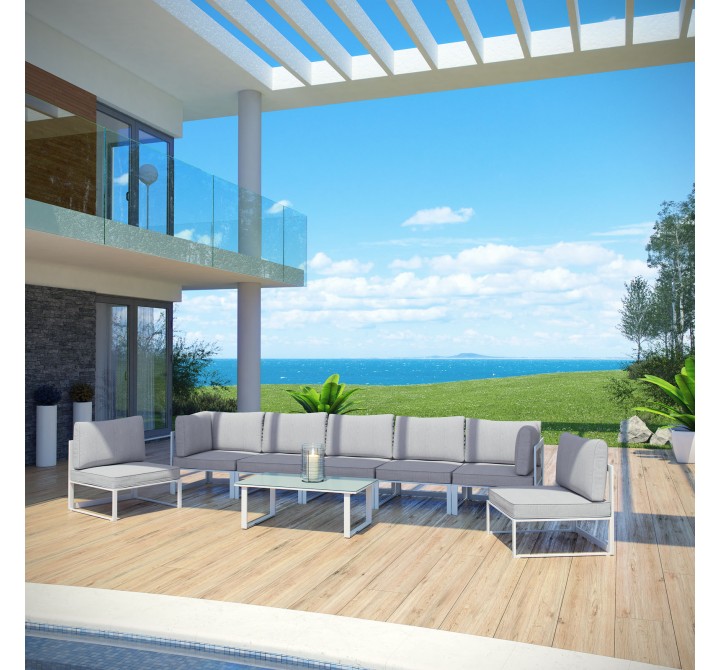 Modway Fortuna 8 Piece Outdoor Patio Sectional Sofa Set - White Gray - Lifestyle