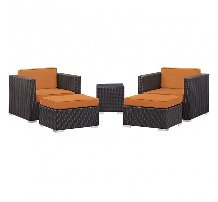 Modway Convene 5 Piece Outdoor Patio Sectional Set in Espresso Orange - Set in Front Side Angle