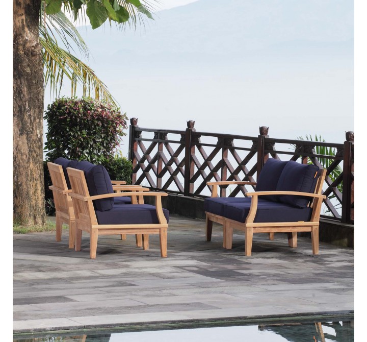 Modway Marina 4 Piece Outdoor Patio Teak Set in Natural Navy - Lifestyle