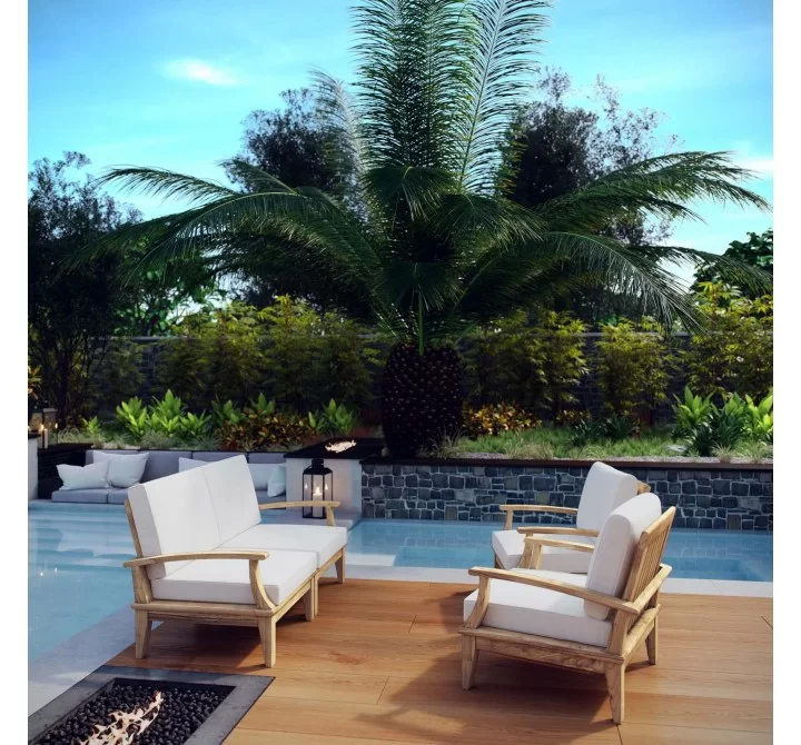 Modway Marina 4 Piece Outdoor Patio Teak Set - Natural White - Lifestyle