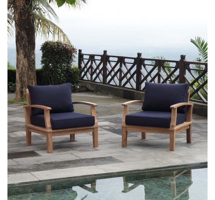 Modway Marina 2 Piece Outdoor Patio Teak Set in Natural Navy - Lifestyle