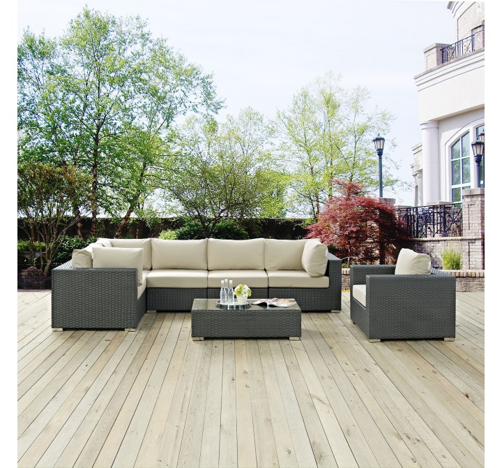 Modway Sojourn 7 Piece Outdoor Patio Sunbrella® Sectional Set - Canvas Beige - Lifestyle