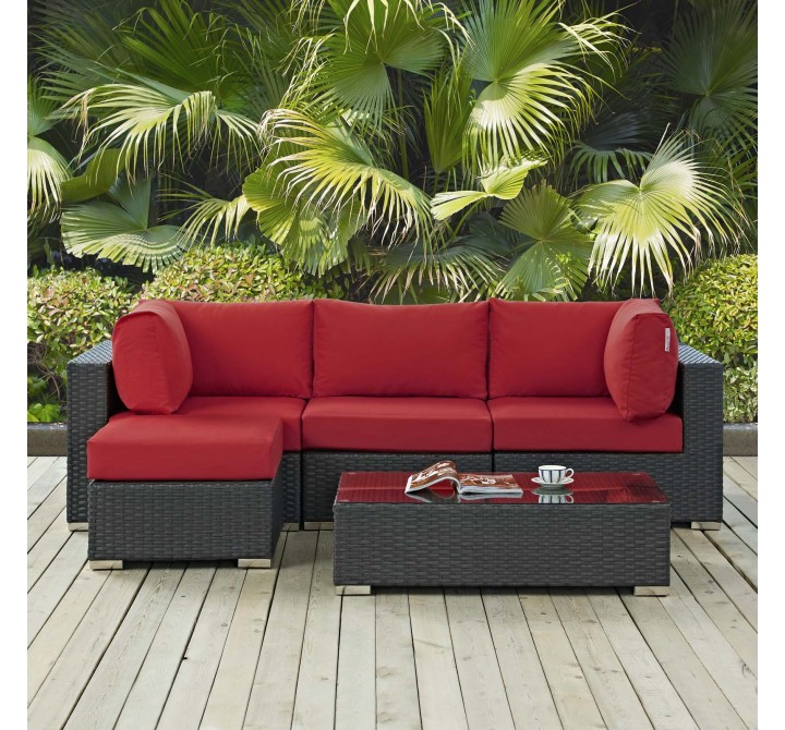 Modway Sojourn 5 Piece Outdoor Patio Sunbrella® Sectional Set - Canvas Red - Lifestyle