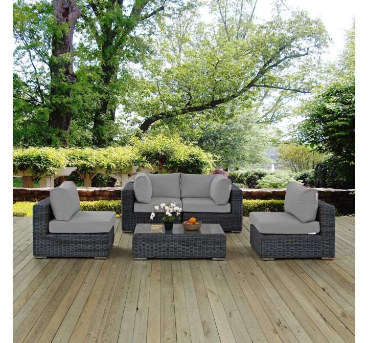 Modway Summon 5 Piece Outdoor Patio Sunbrella® Sectional Set - Canvas Gray - Lifestyle