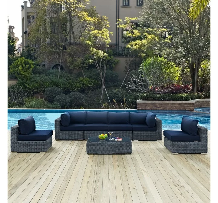 Modway Summon 7 Piece Outdoor Patio Sunbrella® Sectional Set - Canvas Navy - Lifestyle