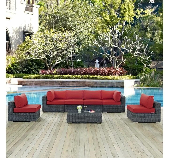 Modway Summon 7 Piece Outdoor Patio Sunbrella® Sectional Set - Canvas Red - Lifestyle