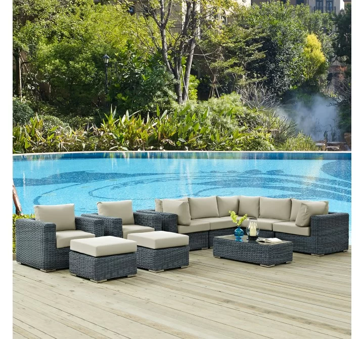Modway Summon 10 Piece Outdoor Patio Sunbrella® Sectional Set - Antique Canvas Beige - Lifestyle