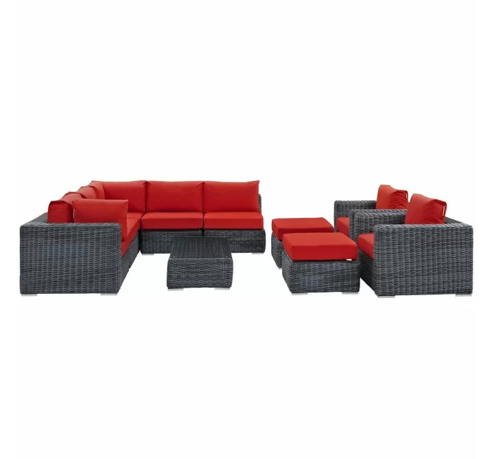 Modway Summon 10 Piece Outdoor Patio Sunbrella® Sectional Set - Canvas Red - Set in Front Angle