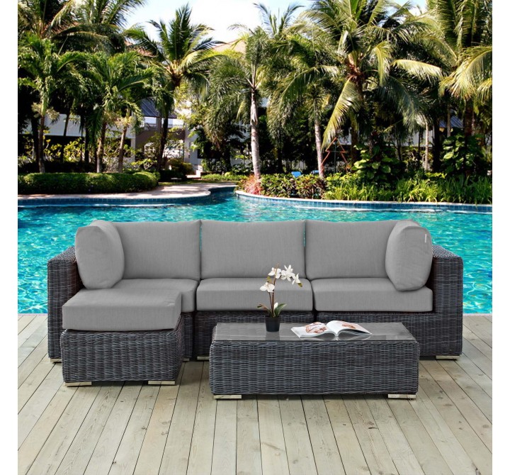 Modway Summon 5 Piece Outdoor Patio Sunbrella® Sectional Set in Canvas Gray - Lifestyle