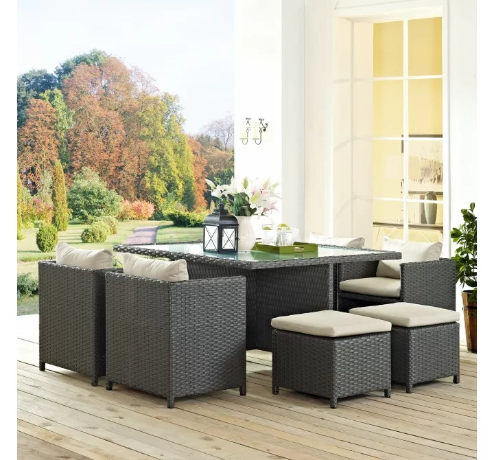 Modway Sojourn 9 Piece Outdoor Patio Sunbrella® Dining Set in Antique Canvas Beige - Lifestyle