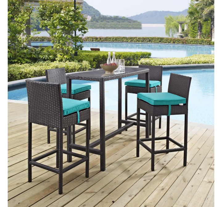 Modway Convene 5 Piece Outdoor Patio Pub Set in Espresso Turquoise - Lifestyle