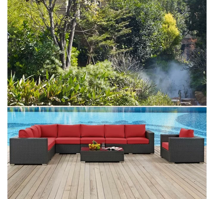 Modway Sojourn 7 Piece Outdoor Patio Sunbrella® Sectional Set - Canvas Red - Lifestyle